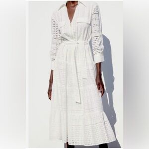 Zara cotton eyelet drop waist maxi tiered shirt dress with front zipper L